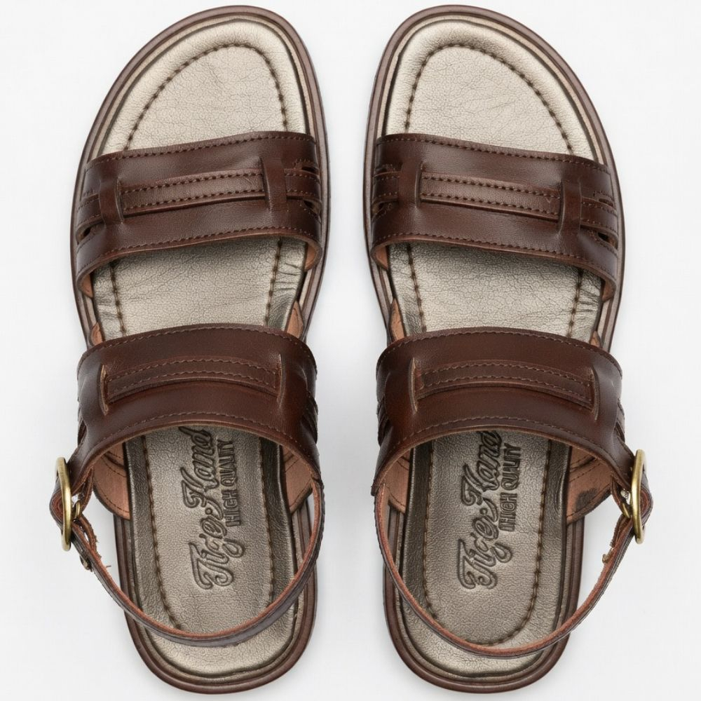 Handcrafted Men Leather Dual Strap Sandals with Buckle Closure